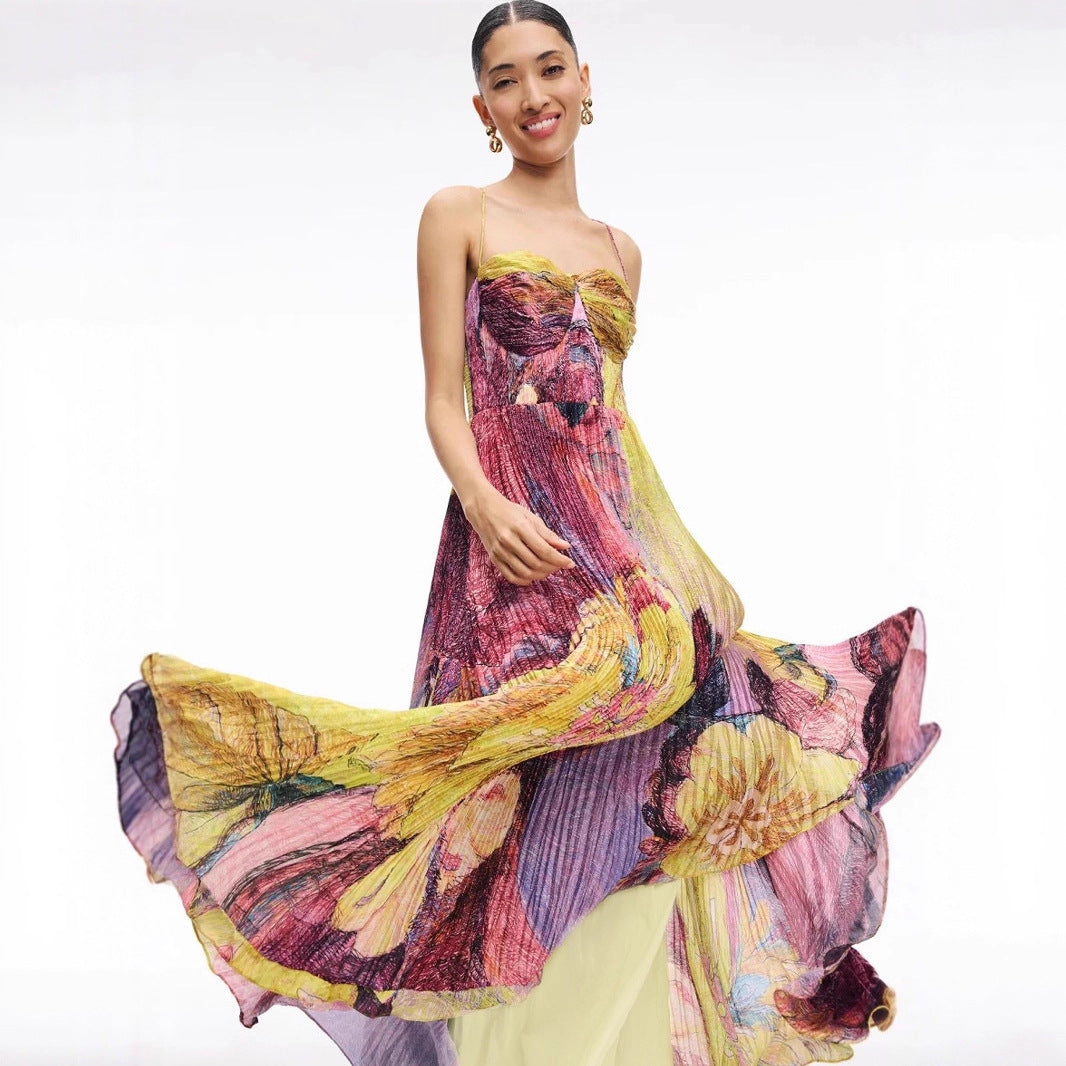 Sleeveless Yellow/Purple Flower Print Pleated Spaghetti Strap A- Line Maxi Party Dress