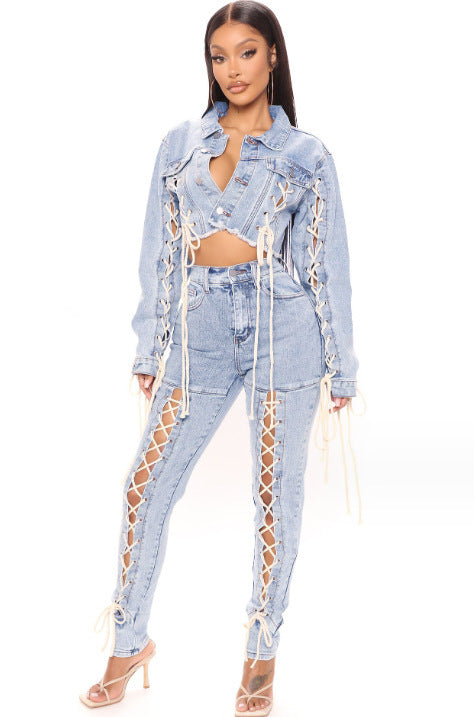 Sky Blue Denim Washed Lace-Up Women's Crop Jean Jacket to 4X Plus Size