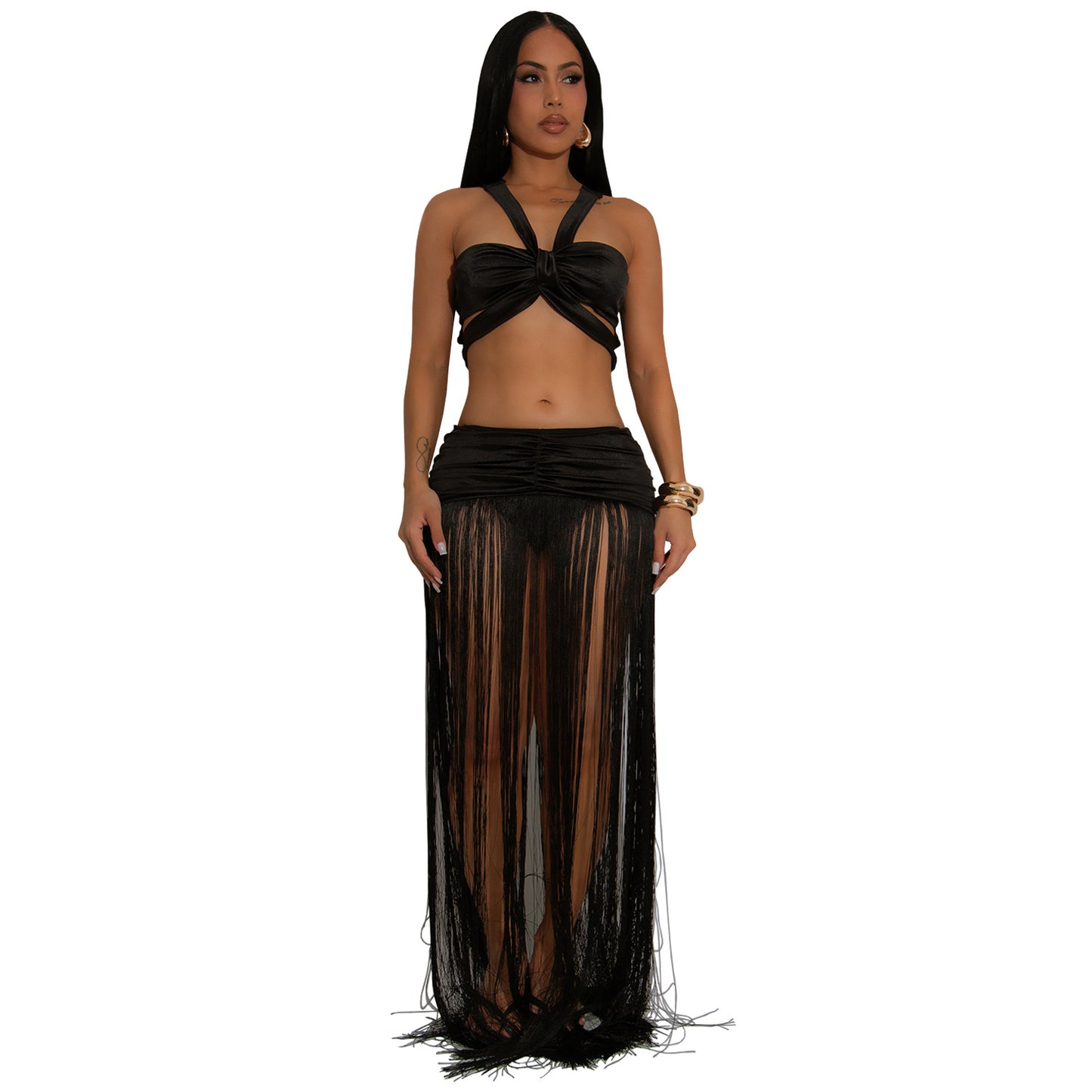 Sleeveless Criss-Cross Back Crop Top + Tassel Fringe Maxi Skirt Women's 2-Piece Set