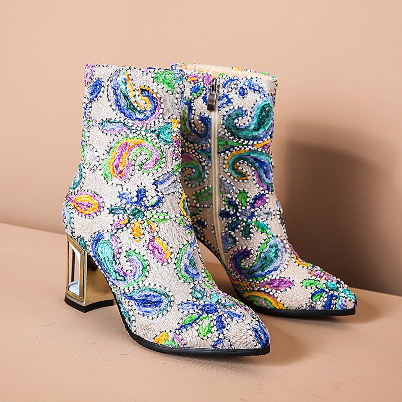 Paisley Floral Print Leather Women's Pointed Toe Metal Platform Heel Ankle Boots