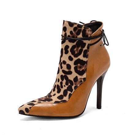 Leopard Colorblock-Black/White Croc Pattern Pointed Toe Stiletto Heel Knight Ankle Boots