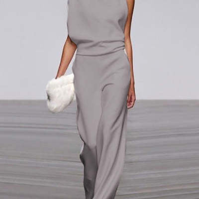 Asymmetrical One Shoulder Sleeveless Casual Commuter Solid Color Skinny Draped Jumpsuit