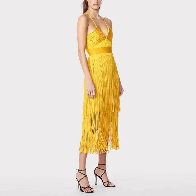 Yellow Long Tassel Design V-Neck Sleeveless Spaghetti Strap Formal Dress
