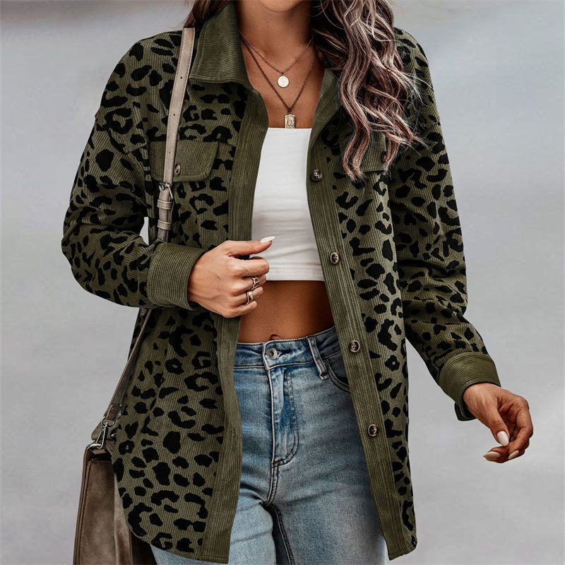 Leopard Print Double Pocket Design Long Sleeve Women's Turn-Down Collar Jacket to 3X Plus Size