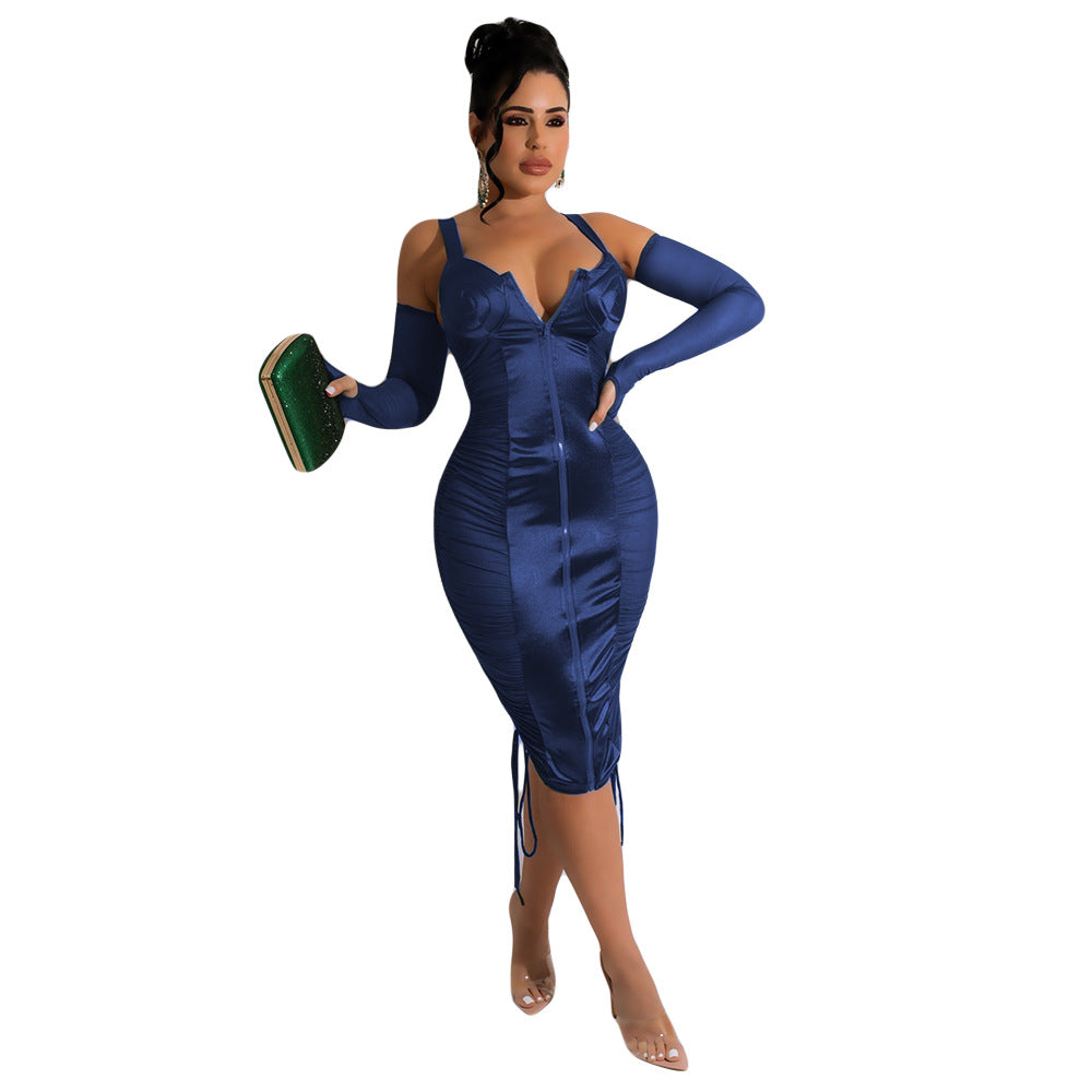 Satin Mesh Ruched Sleeveless Patchwork Bodycon Formal Party Dress