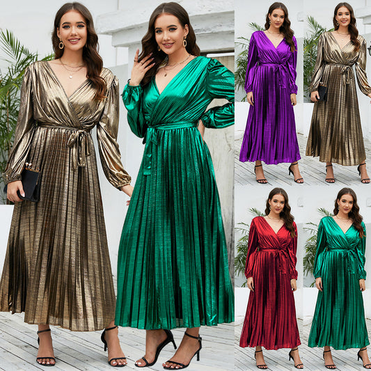 Shiny Pleated V-Neck Long Sleeve Sash Belted Maxi Dress