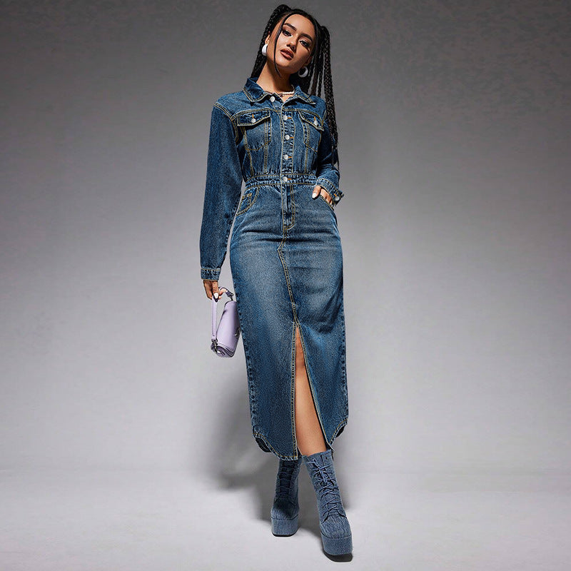 Denim Blue Double Pocket Design Long Sleeve High Slit Maxi Button-Up Jean Dress