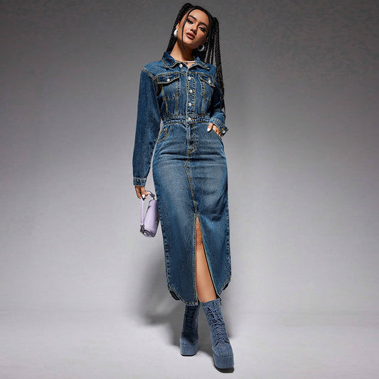 Denim Blue Double Pocket Design Long Sleeve High Slit Maxi Button-Up Jean Dress