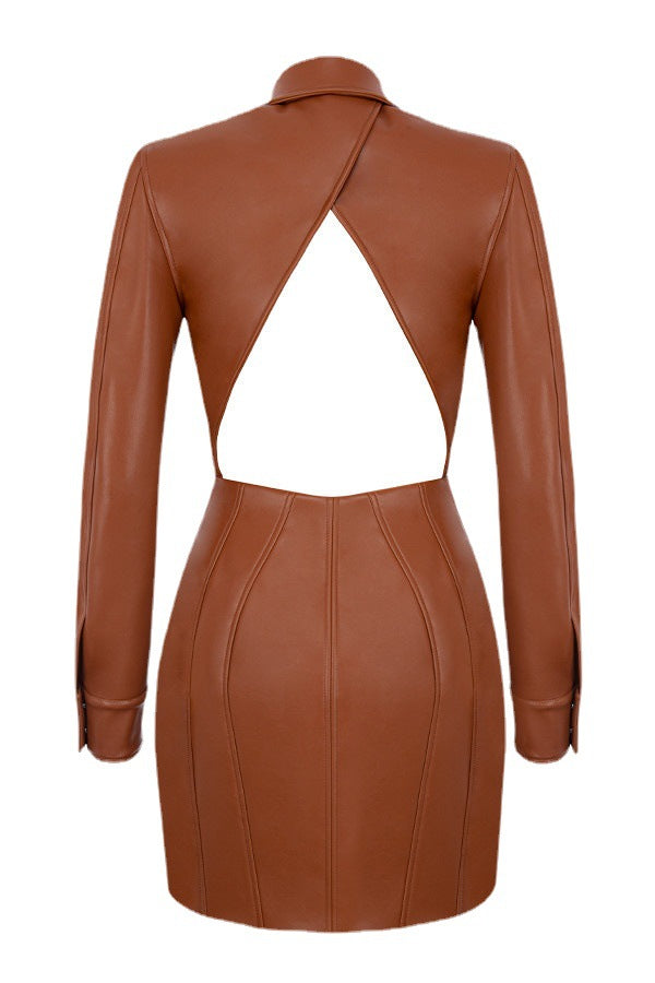 Sexy Brown PU Leather Turn-Down Collar Hollow-Out Back Design Long Sleeve Mini Dress