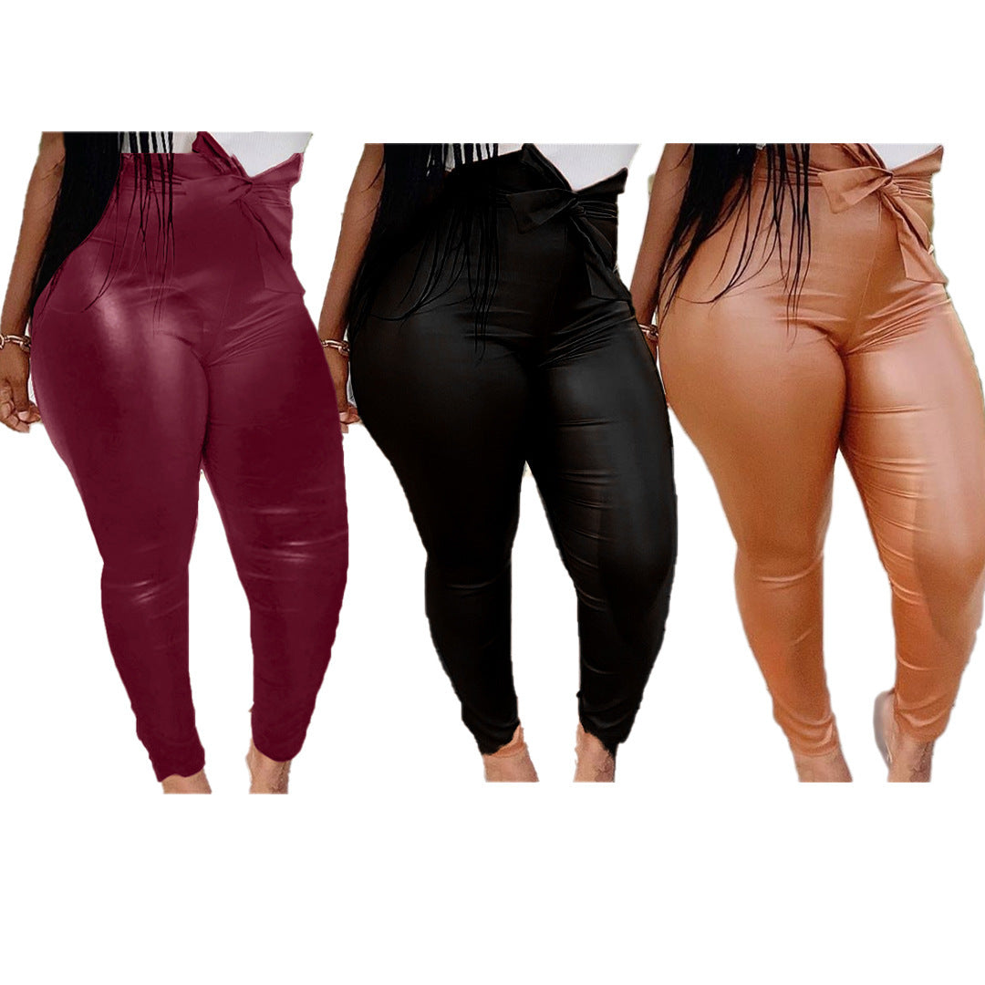 Lace-Up Solid Color Women's PU Leather Pants to 4X Plus Size