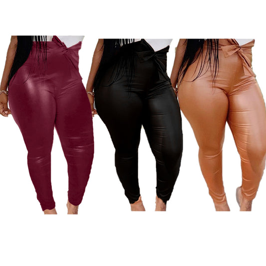 Lace-Up Solid Color Women's PU Leather Pants to 4X Plus Size