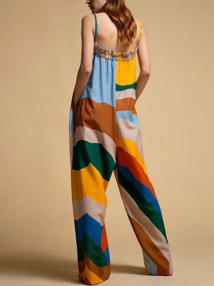 Abstract Geometric Print Women's Sleeveless Halter Neck Wide Leg Jumpsuit