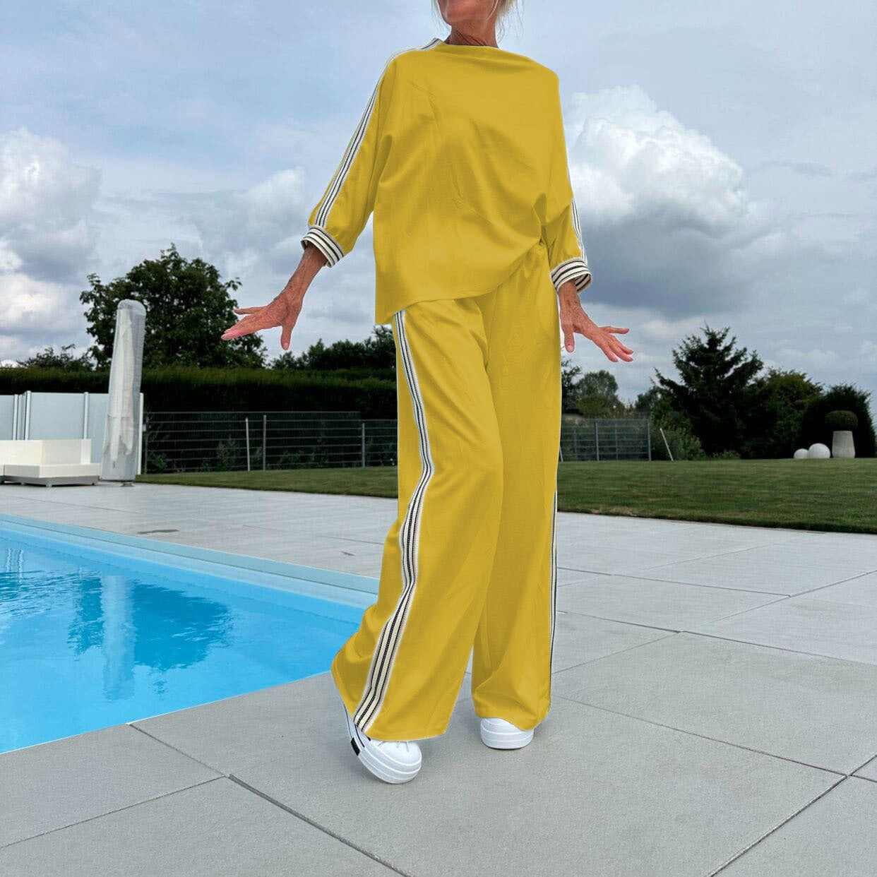 Side Striped Oversized Loose Long Sleeve Sports Shirt + Baggy Sweatpants 2-Piece Set to 3X Plus Size