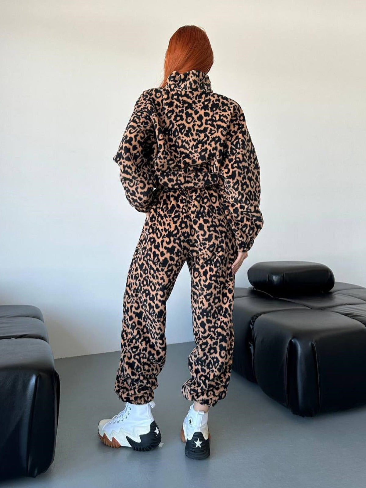 Leopard Print Long Sleeve Women's Zipper Sports Jacket + Matching Sweatpants Tracksuit Suit