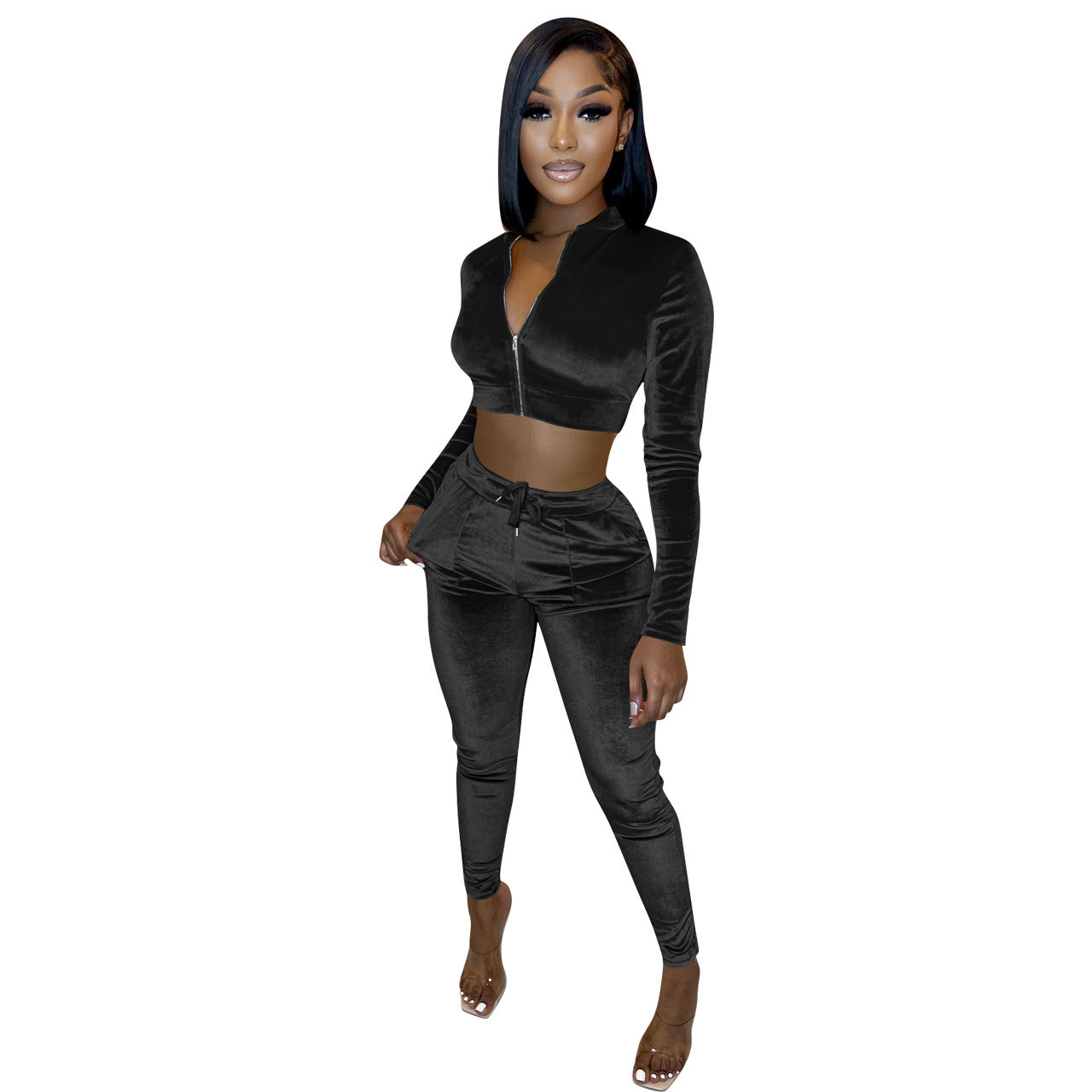 Velvet Solid Color Cropped Zipper Jacket + Drawstring Sweatpants Women's Tracksuit