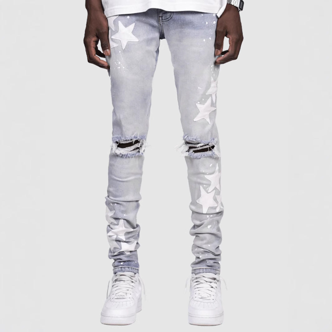 Men's Star Print Hip-Hop Denim Faded Ripped  Skinny Stretch Jeans