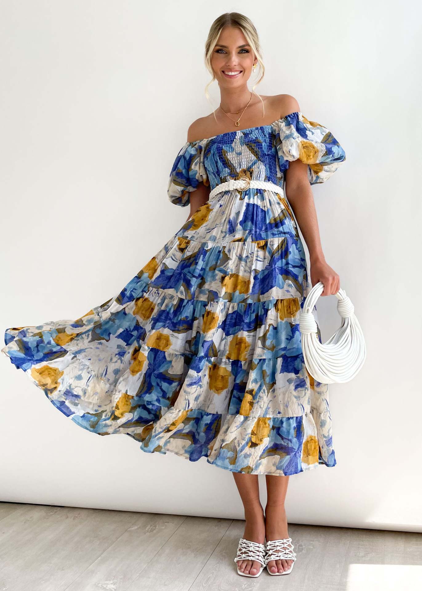 Flower Print Tiered Short Bubble Sleeve High Waist Off-the-Shoulder Bohemian Maxi Dress