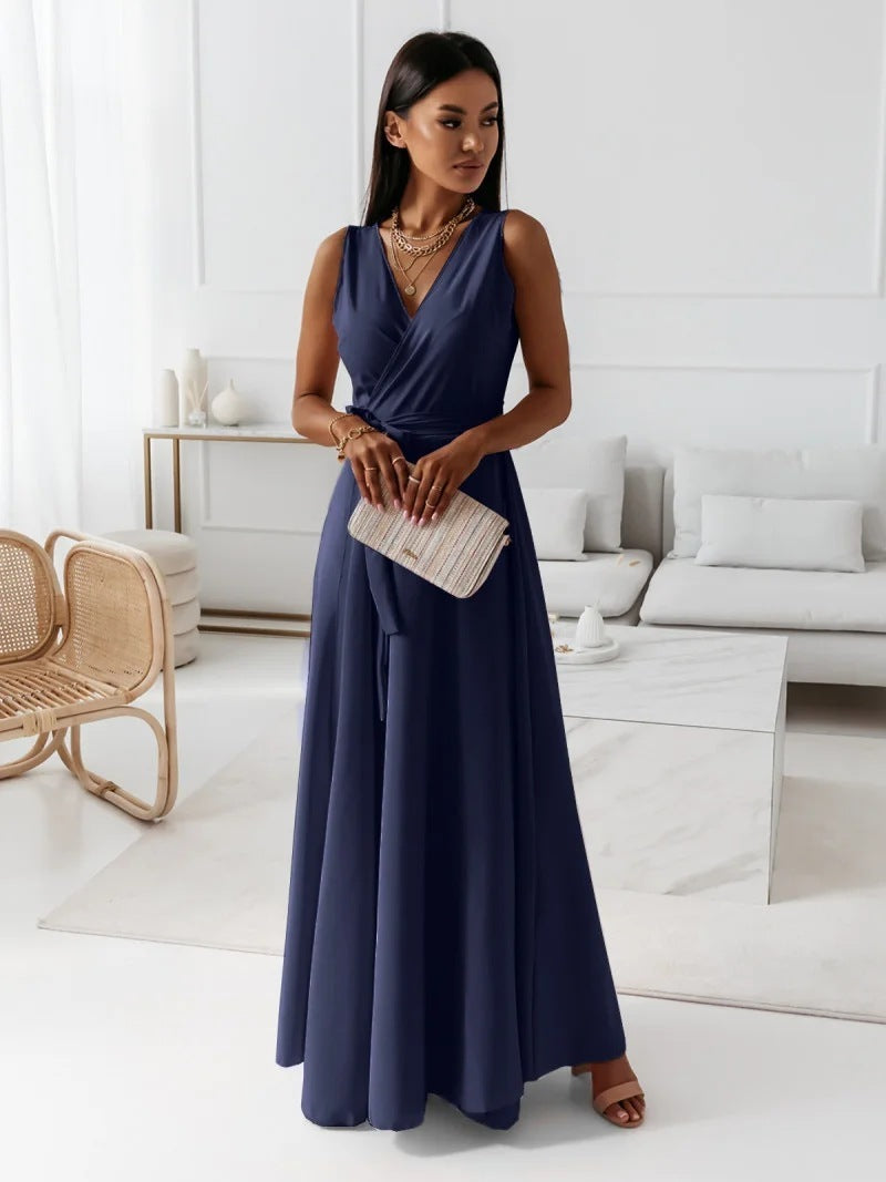 Solid Color V-Neck Sleeveless Belted Party Evening Maxi Wrap Dress