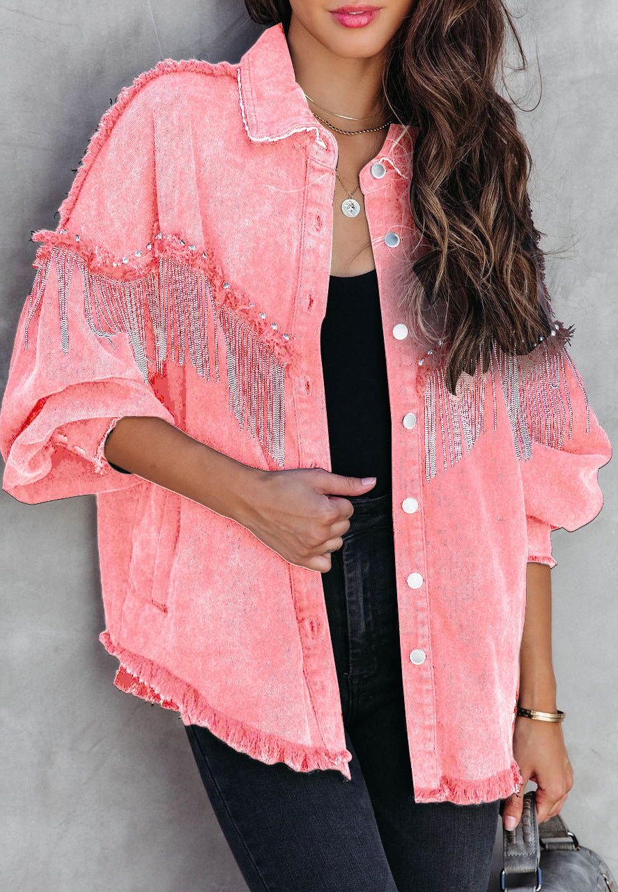 Denim Western Tassel Fringe Chain Rivet Design Women's Button-Up Jean Jacket