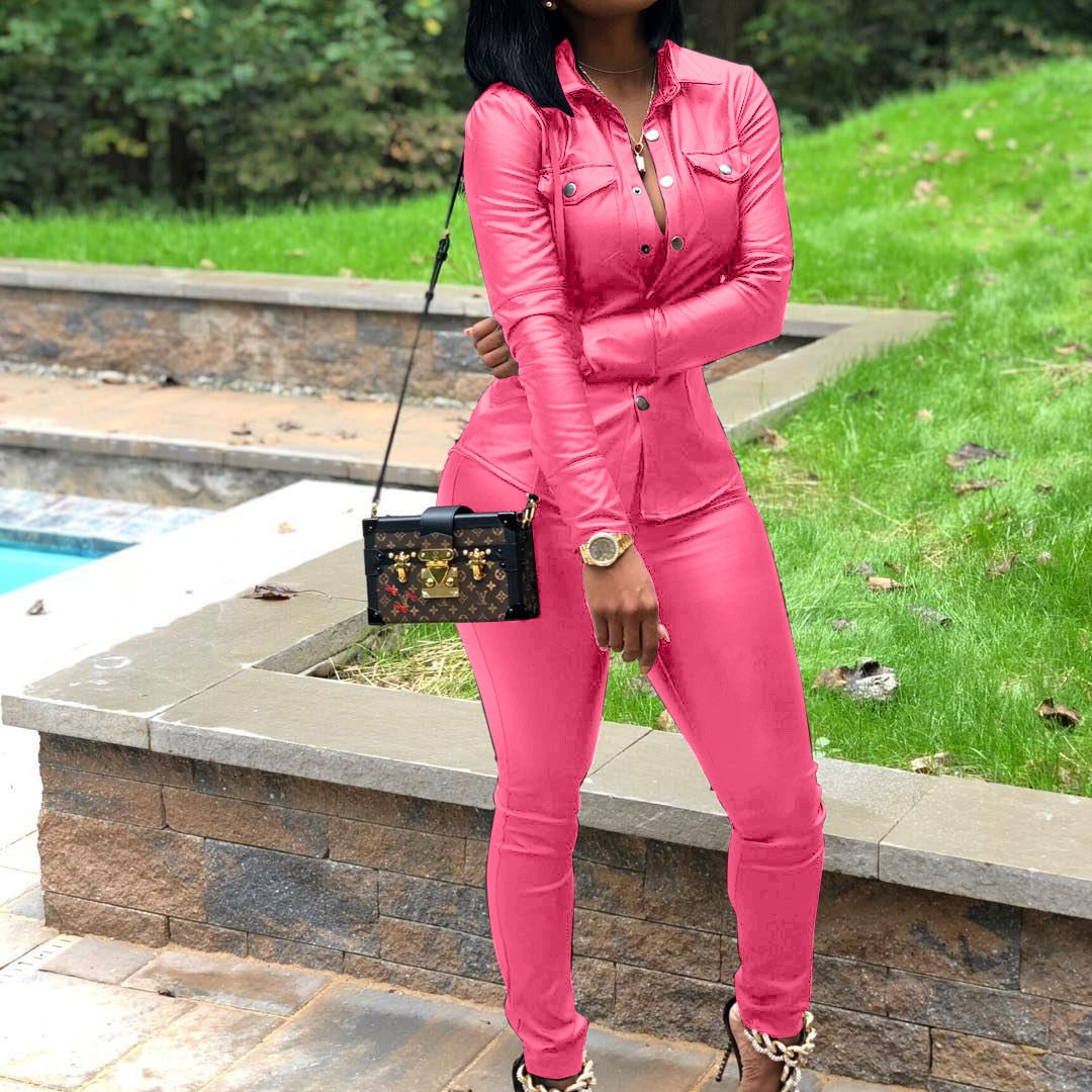 PU Leather Double Pocket Design Women's Solid Color Long Sleeve Button-Up Blouse + Skinny Pants 2-Piece Set to 3X Plus Size