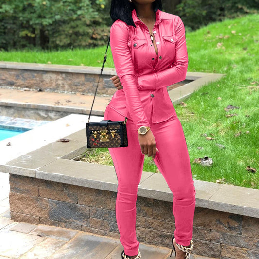 PU Leather Double Pocket Design Women's Solid Color Long Sleeve Button-Up Blouse + Skinny Pants 2-Piece Set to 3X Plus Size