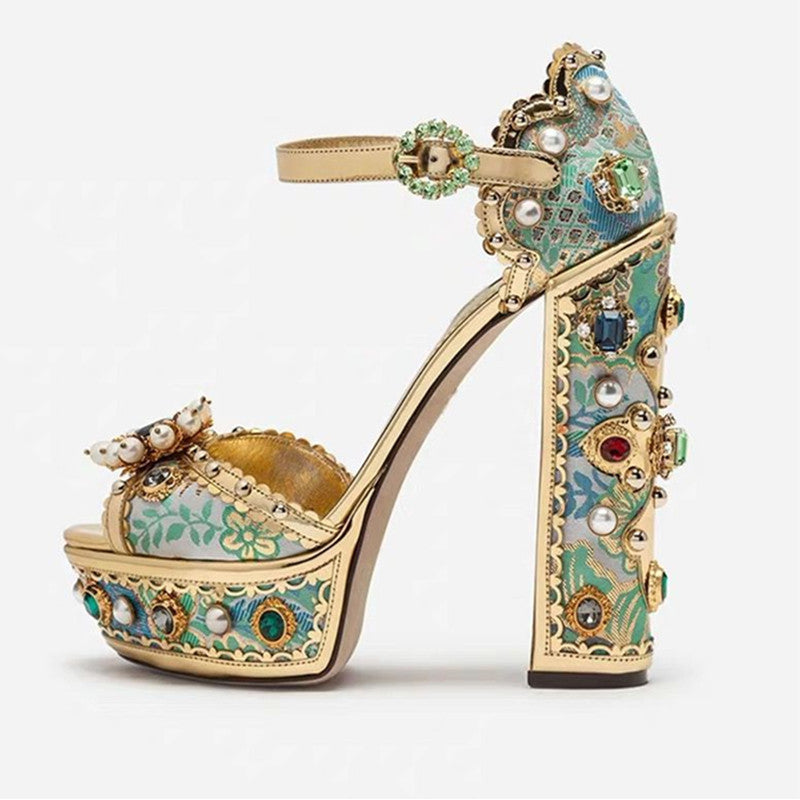Vintage Baroque Rhinestone Embellished Leather Platform Thick Heel Fishmouth Women's Sandal Pumps