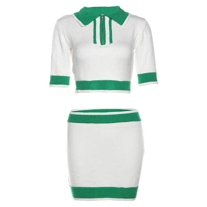 White/Green Side Striped Turn-Down Collar Crop Polo Zipper Top + Bodycon Mini Skirt Women's 2-Piece Tennis Set