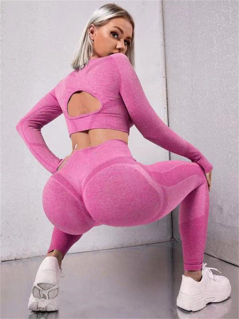 Solid Color Long Sleeve Hollow-Out Fitness Top + Butt Lifting High Waist Seamless Gym Workout Leggings Tracksuit