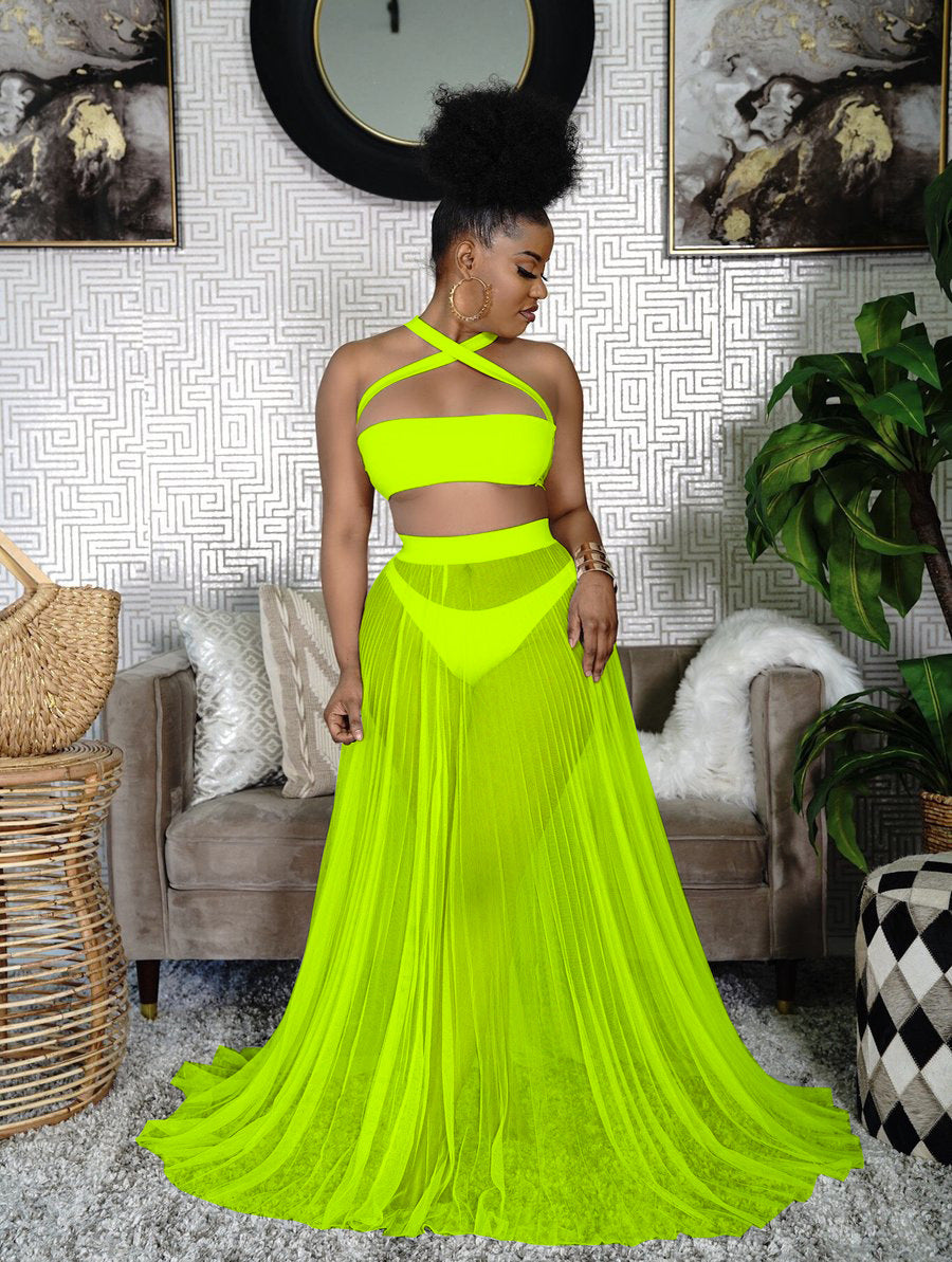 Criss-Cross Strap Bikini Swimsuit+ Mesh Transparent Flowing Maxi Skirt + 3-Piece Swimwear Cover-Up Set