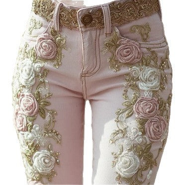 Soft Pink Vintage Rose Embroidered Print Women's Jeans to 3X Plus Size