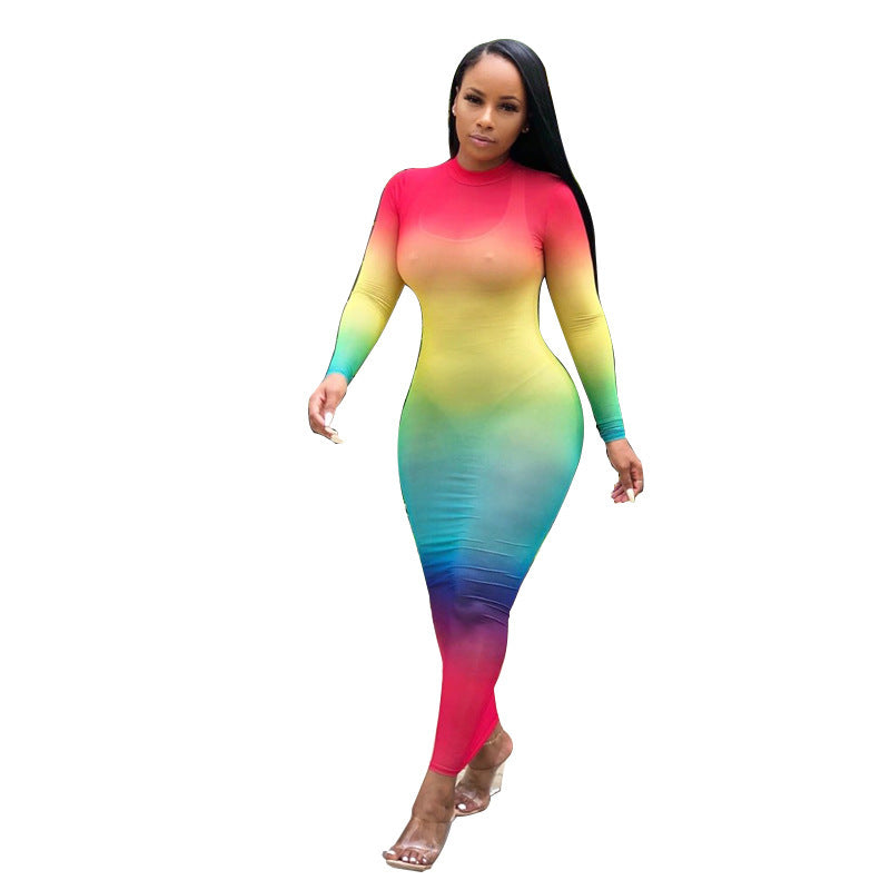 Rainbow Pastel Gradient Colorblock Print Sheer Transparent Long Sleeve Maxi Dress