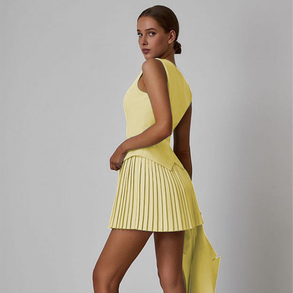 Double Breasted Blazer Jacket + Button-Up Vest Solid Pleated Mini Skirt Women's 3-Piece Suit