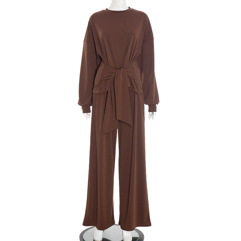Lace-Up Sash Belted Solid Color Long Sleeve Women's Wide Leg Jumpsuit