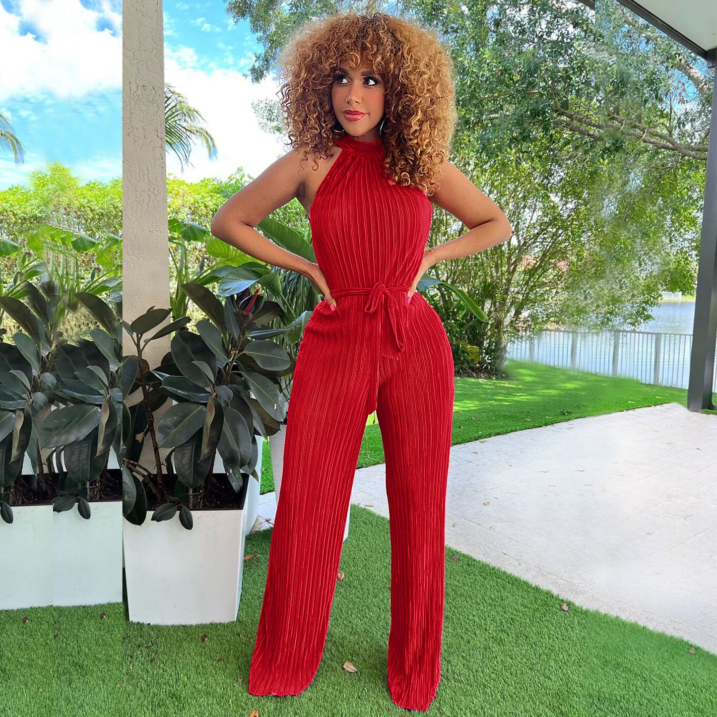 Ribbed Pattern Pleated Women's Lace-Up Solid Color Jumpsuit