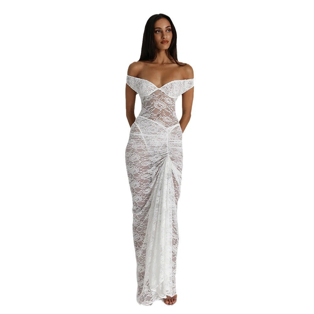 Lace Transparent Off-the-Shoulder Sleeveless Backless Maxi Dress