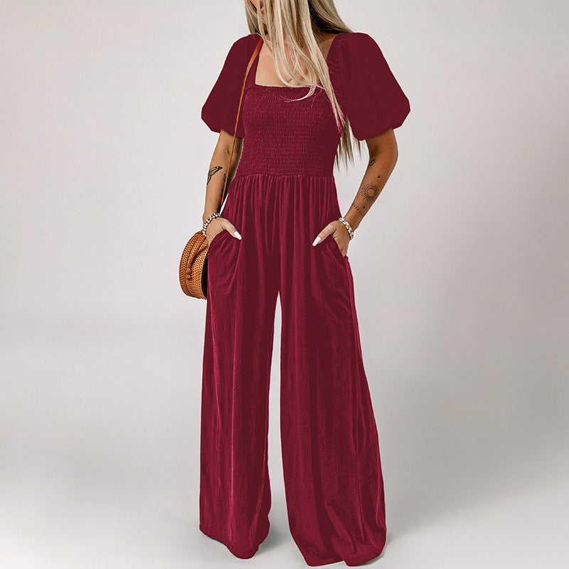 Square Collar Short Puff Sleeve Solid Color Wide Leg Jumpsuit