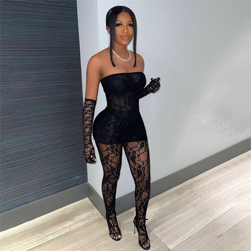 Lace Sleeveless Strapless Tube Top High Waist Skin Tight Stocking Jumpsuit