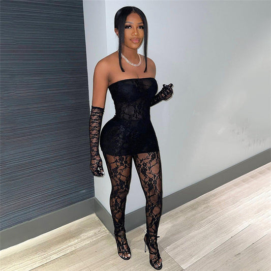 Lace Sleeveless Strapless Tube Top High Waist Skin Tight Stocking Jumpsuit