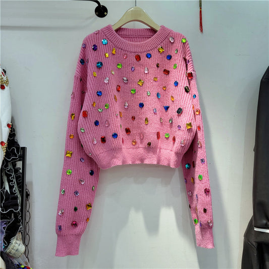 Ribbed Rainbow Color Diamond Hot Drill Embellished Women's Long Sleeve O-Neck Sweater