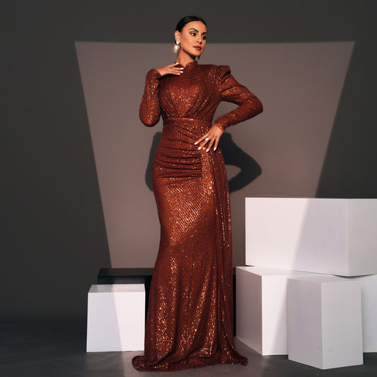 Glitter Sparkling Sequin Design Ruched Pleat3d Long Sleeve O-Neck Formal Floor-Length Dress