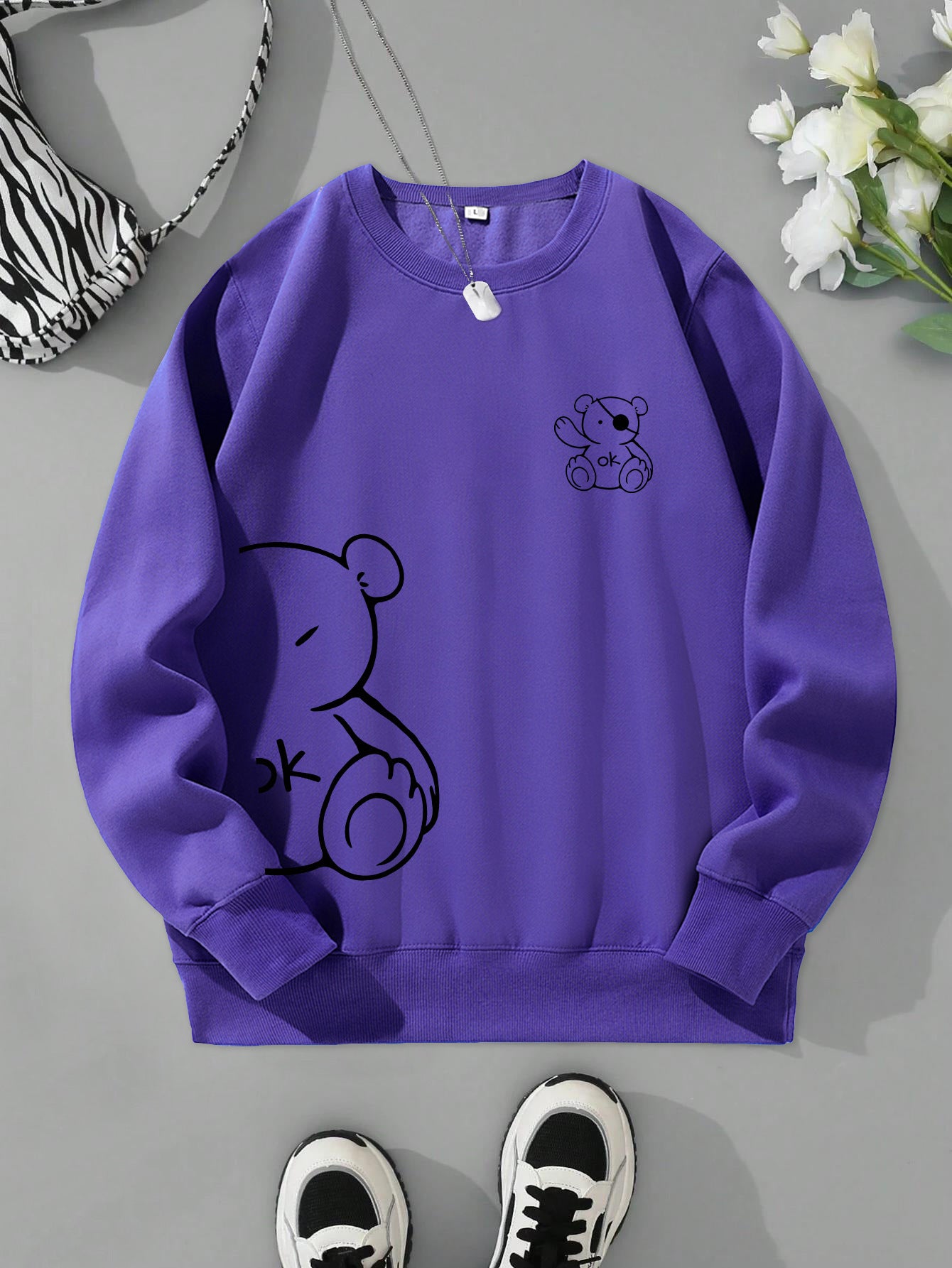 Teddy Bear Print Women's Long Sleeve O-Neck Sweatshirt