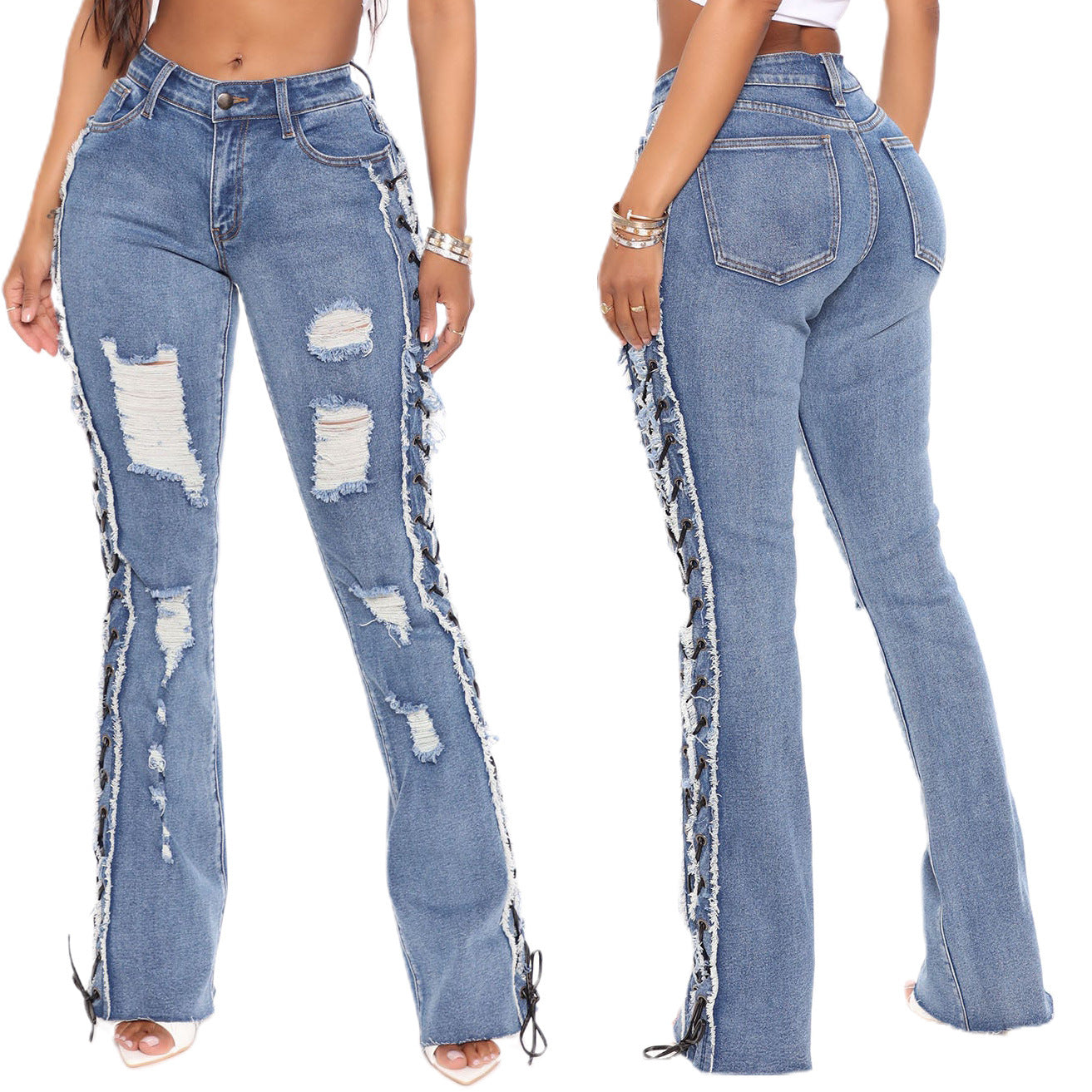 Ripped Faded Denim Lace-Up Design Women's Skinny Jeans to 3X Plus Size
