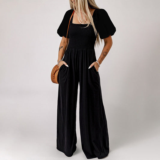 Square Collar Short Puff Sleeve Solid Color Wide Leg Jumpsuit