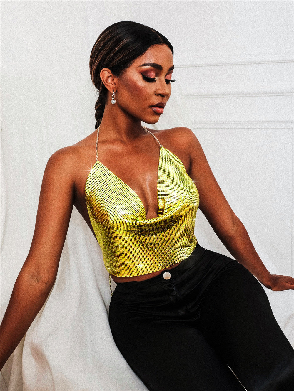 Sleeveless Backless Metal Sequin Leopard/Solid Halter Strap Women's Tank Top