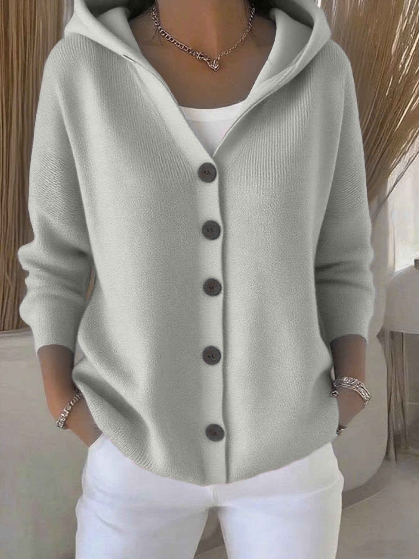 Button-Up Solid Color Knitted Women's Hoodie Cardigan Sweater to 5X Plus Size