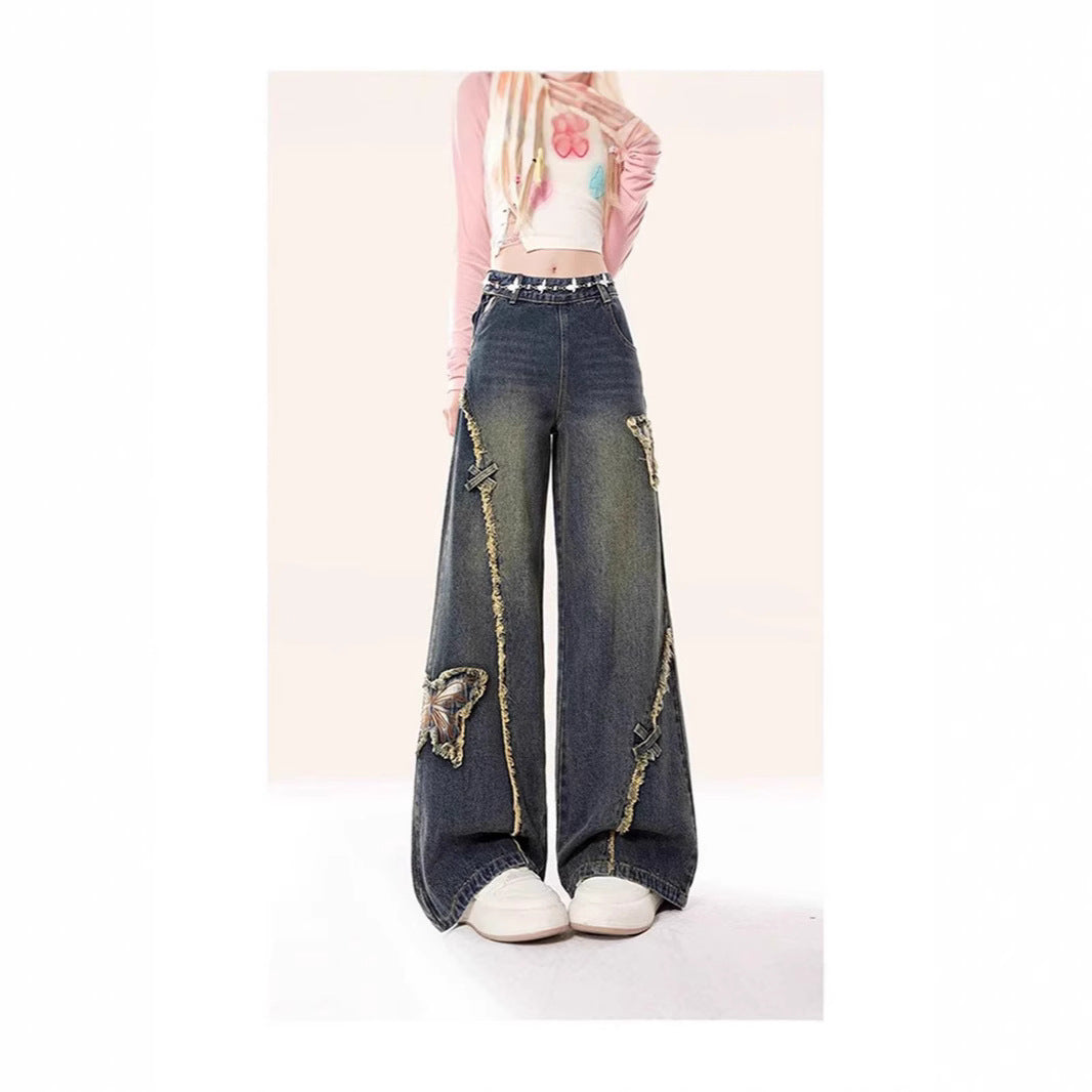Vintage Faded Denim Butterfly Patch Design Raw Edge Women's Wide Leg Jeans
