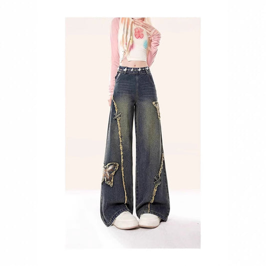 Vintage Faded Denim Butterfly Patch Design Raw Edge Women's Wide Leg Jeans