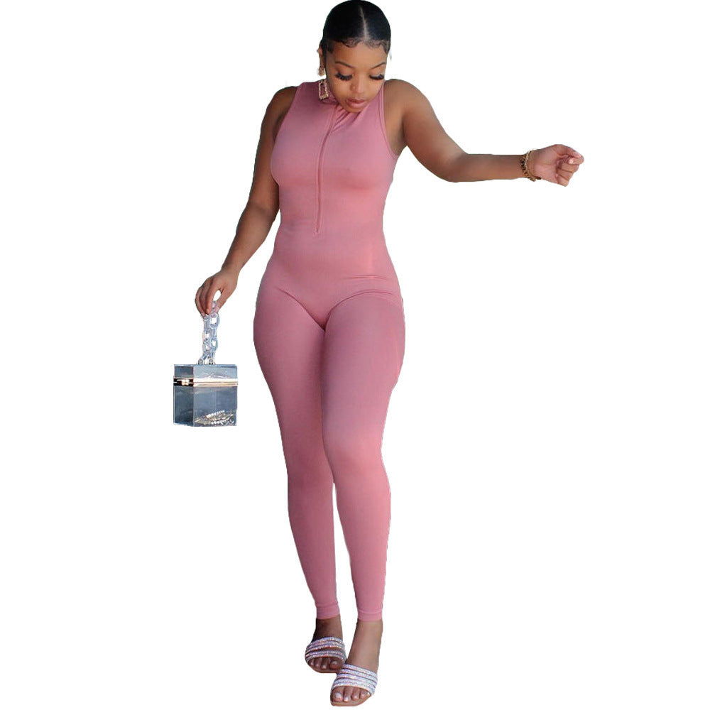 Sleeveless Women's Sports Skin Tight Zipper One-Piece Jumpsuit