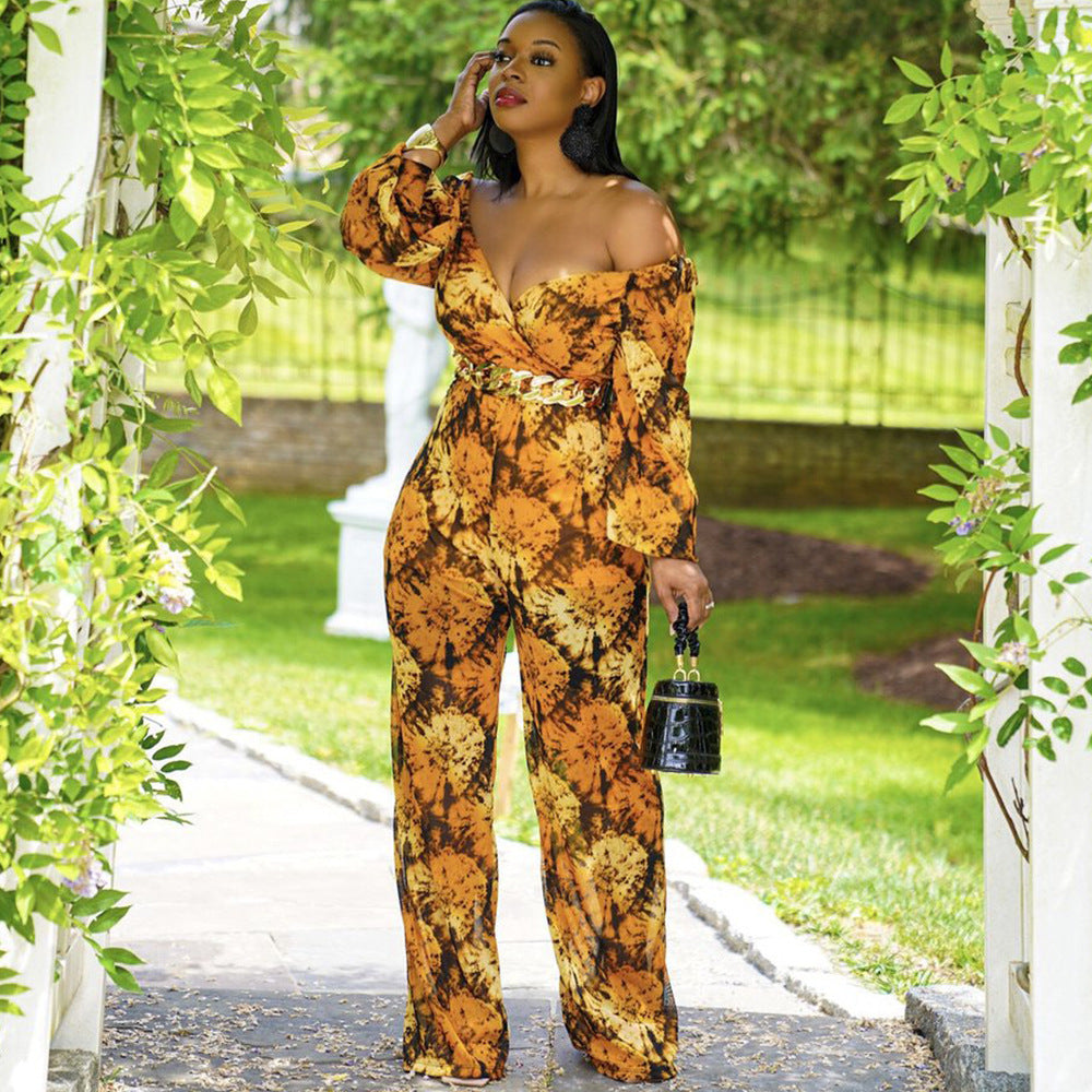 Floral Print Puff Sleeve Off-the-Shoulder V-Neck Long Sleeve Jumpsuit