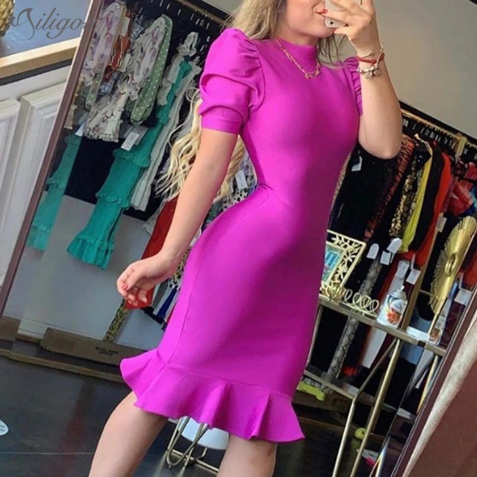 Puff 1/2 Sleeve Solid Color Ruffled Fishtail Hem Dress